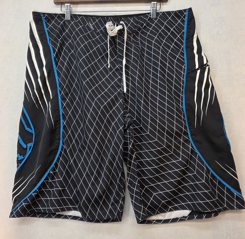 Vintage Y2K Fox Racing Board Shorts Size 38 Black White Grid Graphic Swim Trunks